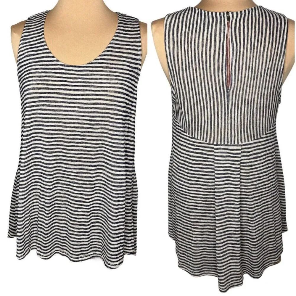 Anthropology W5 Sz L Striped Sleeveless Tank Top Blue Zip Back Knit Hi-Low Tunic